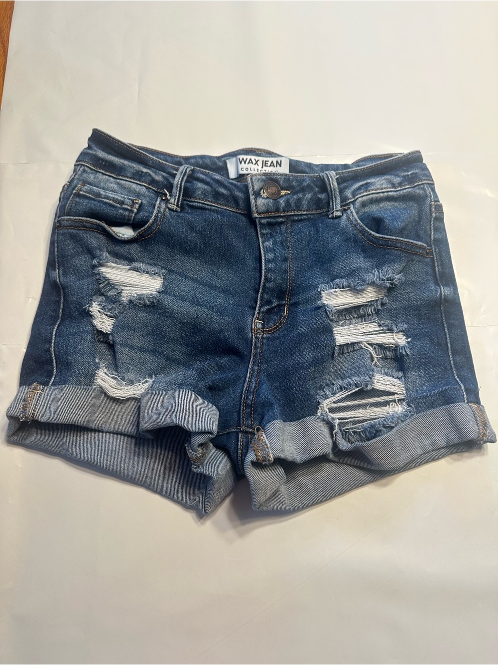 Wax Jean Dark Blue Distressed Rolled Hem Denim Shorts